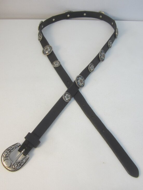 Vtg Abel Belt Women M Black Leather Silver Blue Beads Southwestern Italy 30 - 33 main image 10